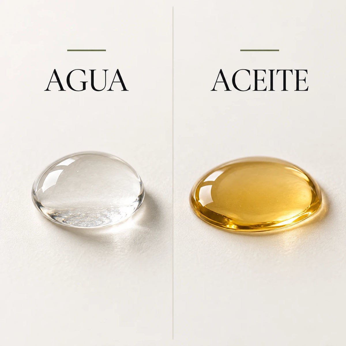 Comparación conceptual entre una gota de agua que se evapora y un aceite que permanece sobre la piel